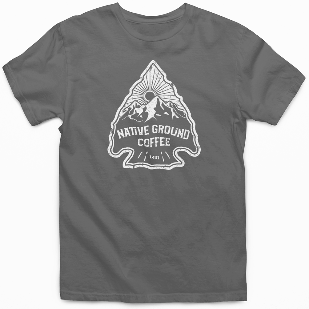 Gray t-shirt with 'Native Ground Coffee' logo on a white background