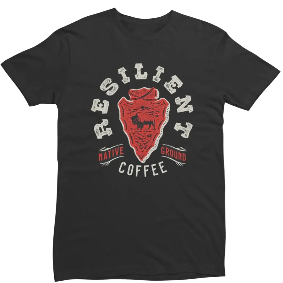 Black t-shirt with 'Resilient Coffee' graphic design on a gray background