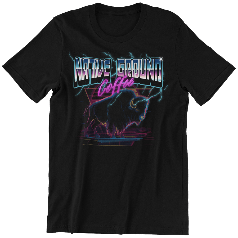 Black t-shirt with 'Native Ground Coffee' graphic design featuring a bear and colorful text on a white background.